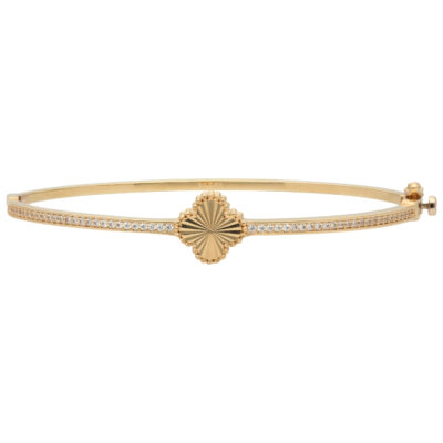 Złota bransoletka 14K Sztywna Bangle cyrkonia z lilijką B5-1811